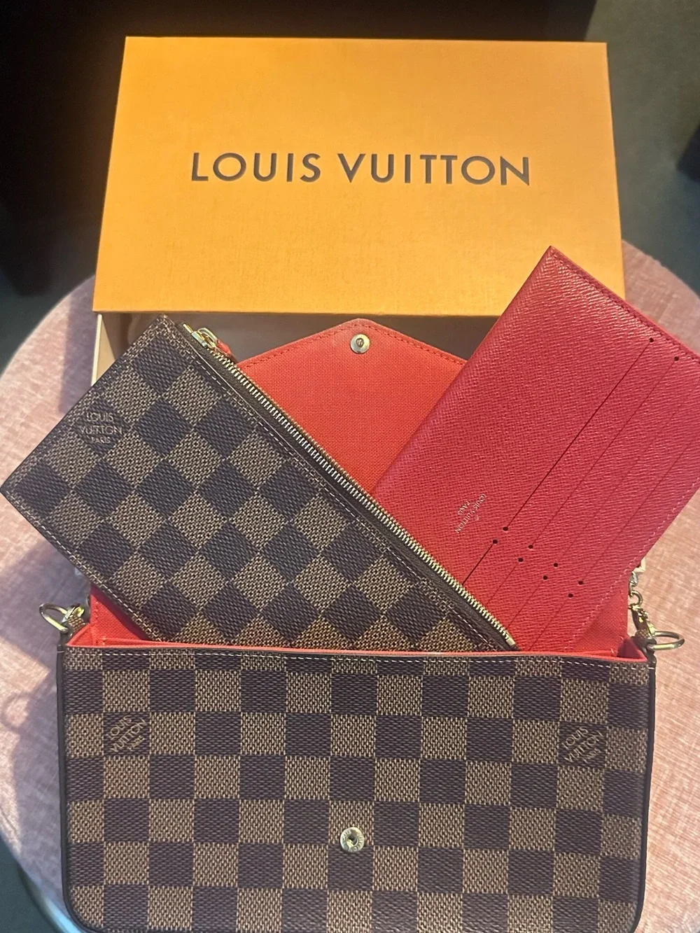 Brown Checkered Envelope Crossbody Bag with Red Card Wallet